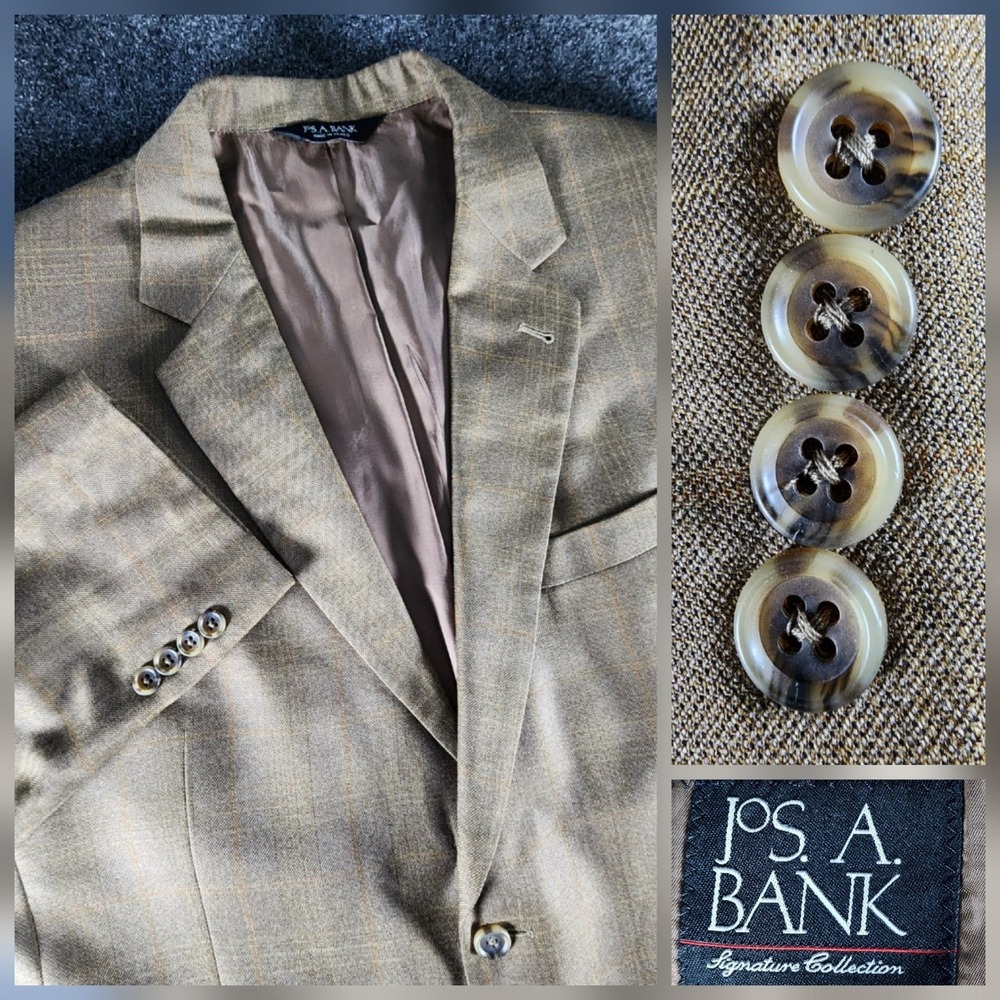 Jos. A. Bank Signature Collection Blazer Men 43R Tan Plaid Wool Silk Sport Coat